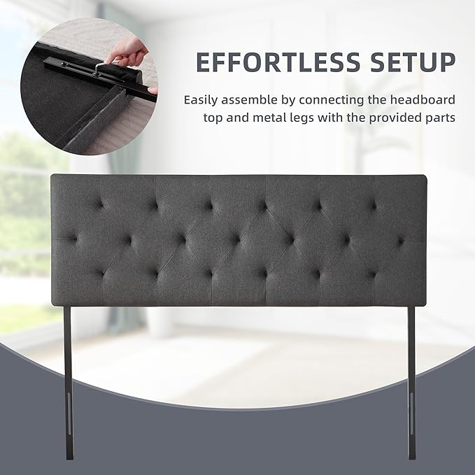 Linen Fabric Upholstered Headboard Queen Size, Modern Diamond Tufting Solid Wood Queen Headboard Only,Adjustable Height from 37” to 51” Head Board, Bed Frame or Wall Mount Headboards, Dark Grey