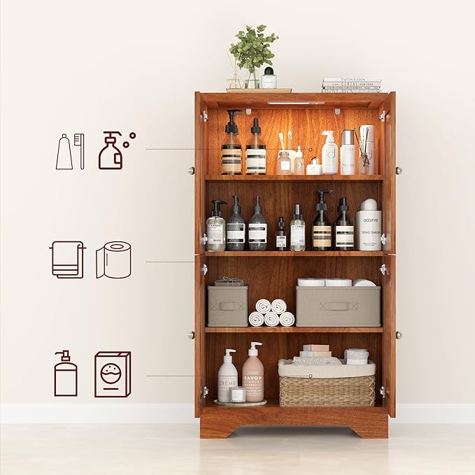 PARTPHONER Bathroom Floor Storage Cabinet with Cabinet Lights, Modern Storage Cabinet with 4 Doors and Adjustable Shelves, Buffer Hinges, Walnut Pantry Cabinet for Living Room & Kitchen