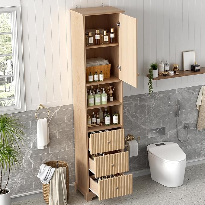 Tall Freestanding Storage Cabinet with One Door & 3 Drawers, Multi-Purpose Organizer with Open Storage and Adjustable Shelf for Bathroom, Office, Living Room, Wood