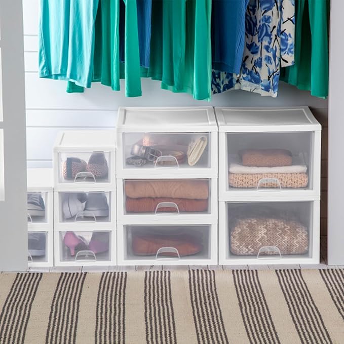 Sterilite 4-Pack 27 Quart Stacking Drawer, Clear Storage Closet Organizer, White Frame - Stackable Modular Plastic Drawers for Clothes, Accessories, Craft Supplies, Shoes or Linens