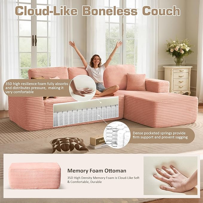 106" Cloud Sectional Couch with L-Shape Chaise & Ottoman, No Assembly Modular Sofa, Deep Seat Plush Corduroy Boneless Couched for Living Room (Pink Plush Corduroy, Right Facing Chaise with Ottoman)