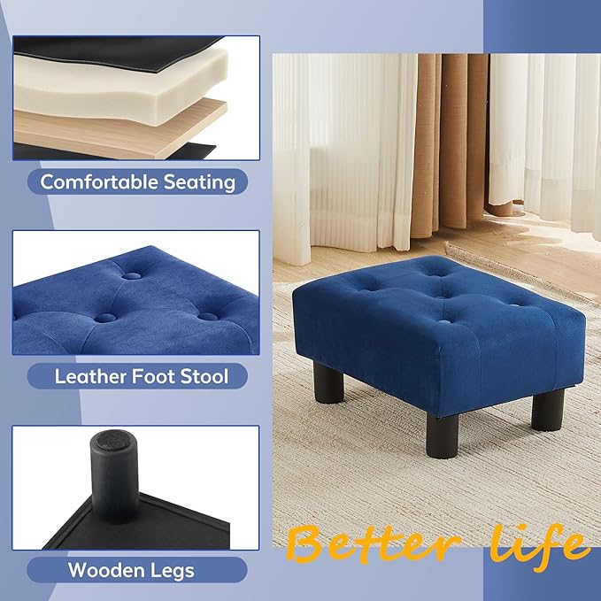 Small Foot Stool Ottoman, Velvet Footstool Ottoman Foot Rest for Couch, Rectangle Footstools and Ottomans Small for Living Room, Entryway and Bedroom (Blue)