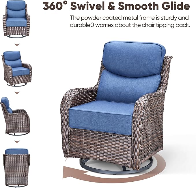 Swivel Patio Chairs sofa Set of 9 with 6" Thick Cushion - Wicker Outdoor Swivel Rocker Patio Chair ,Sofa/Glass coffee table, High Back Comfortable Outdoor Glider Chairs -Brown Wicker Blue Cushion