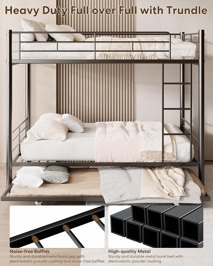 Full Over Full Bunk Bed with Trundle, Heavy Duty Metal Bed Frame with Full-Length Guardrails & Ladder, 3-in-1 Convertible Full Bunk Bed, Noise-Free, No Box Spring Needed, Black