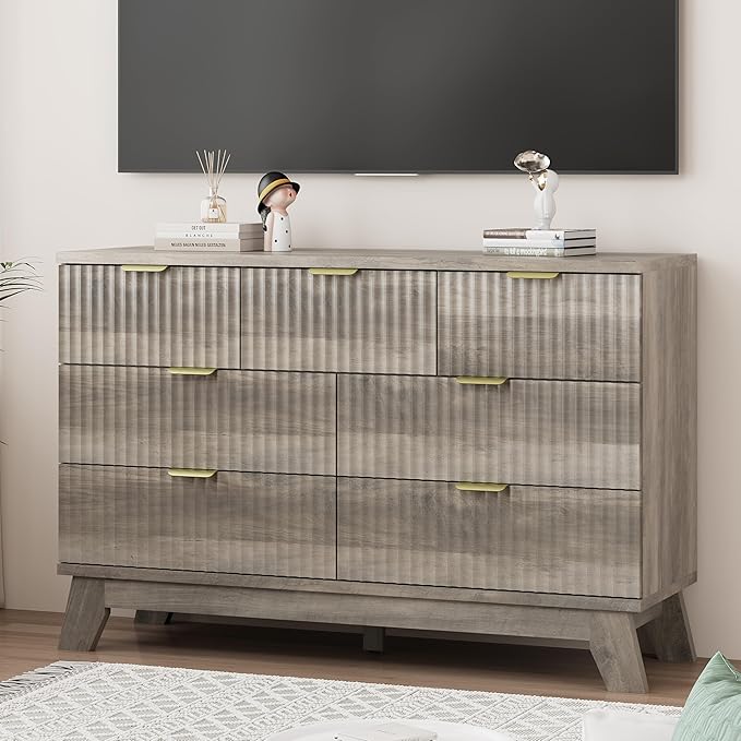 Fluted Dresser for Bedroom with 7 Drawers, 48" Wide Modern Chest of Drawers with Metal Handle, Wood Dresser TV Stand, Wooden Closet Clothes Storage Organizer for Living Room, Hallway, Grey