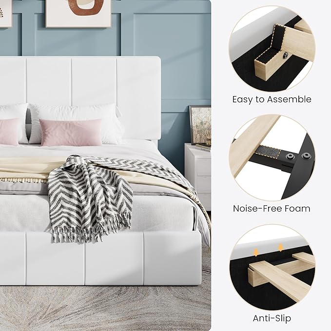 SHA CERLIN King Size Bed Frame, Velvet Upholstered Platform Bed, Vertical Channel Tufted Adjustable Headboard, Low Profile Bed Frame, No Box Spring Needed, Easy Assembly, White