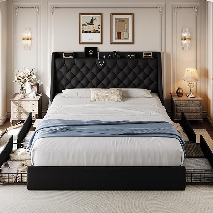 King Size Upholstered Platform Bed Frame with 4 Storage Drawers and Charging Station, Linen Button Tufted Wingback Headboard, Sturdy Wooden Support Slats, No Box Spring Needed, Black