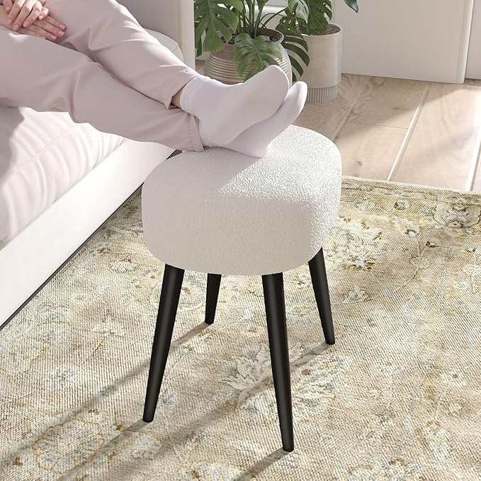 White Vanity Stool, Soft Makeup Stool with Solid Metal Legs for Vanity Corner, Morden Footrest Easy to Assembly