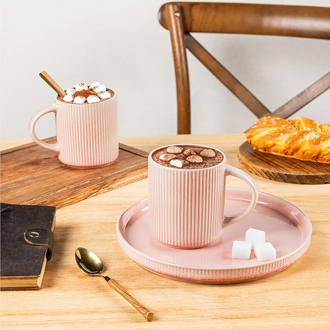 GBHOME 12oz Stoneware Coffee Mugs, Ceramic Coffee Cups with Handle for Man,Woman,Dad,Mom, Modern Coffee Mugs Set of 6 for Latte/Cappuccino/Cocoa/Tea/Cocoa/Milk. Dishwasher&Microwave Safe,Pink