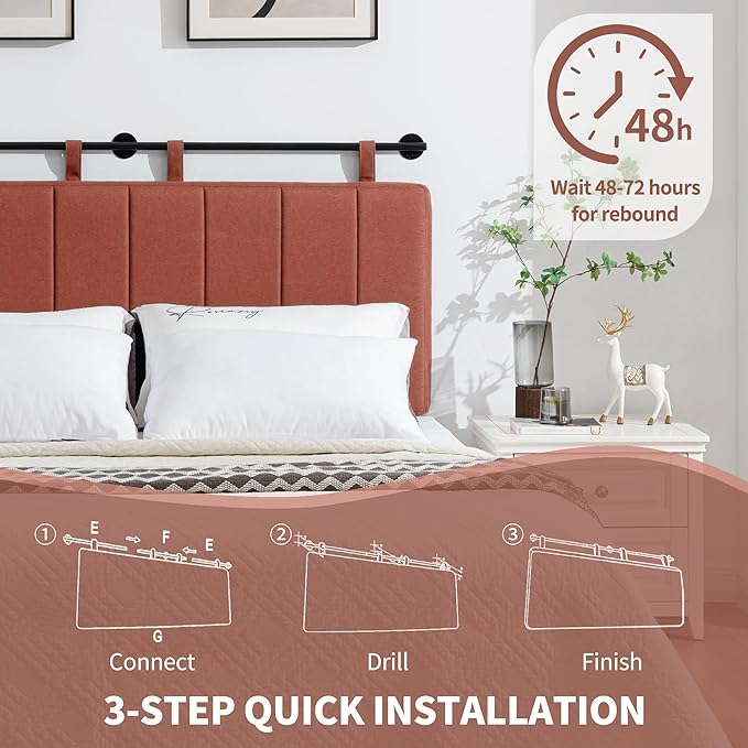 UEV King Headboard Only, Wall Mounted Hanging Upholstered Bed Head Board, Modern Vertical Channel Design of Fine Linen, Elegant Orange Fluted Headboard for Bedroom (Orange, King Size)