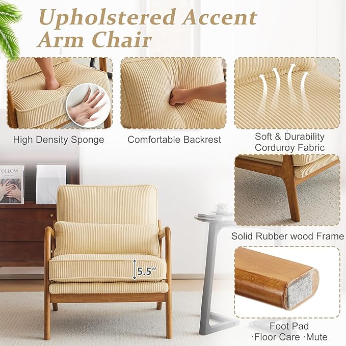 VINGLI Upgraded Premium Corduroy Accent Chair,Upholstered Arm Chair,Solid Wood Comfy Reading Chair with Lumbar Pillow, Mid Century Modern Chairs for Living Room,Bedroom,Guest Room,Dark Beige