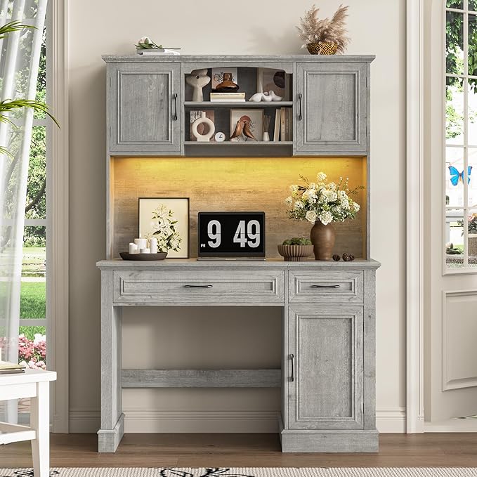 Farmhouse 47" Executive Desk with Hutch, 2 Drawers and LED Light, Computer Desk with Storage Cabinet and Charging Station,Workstation for Home Office and Study.Grey