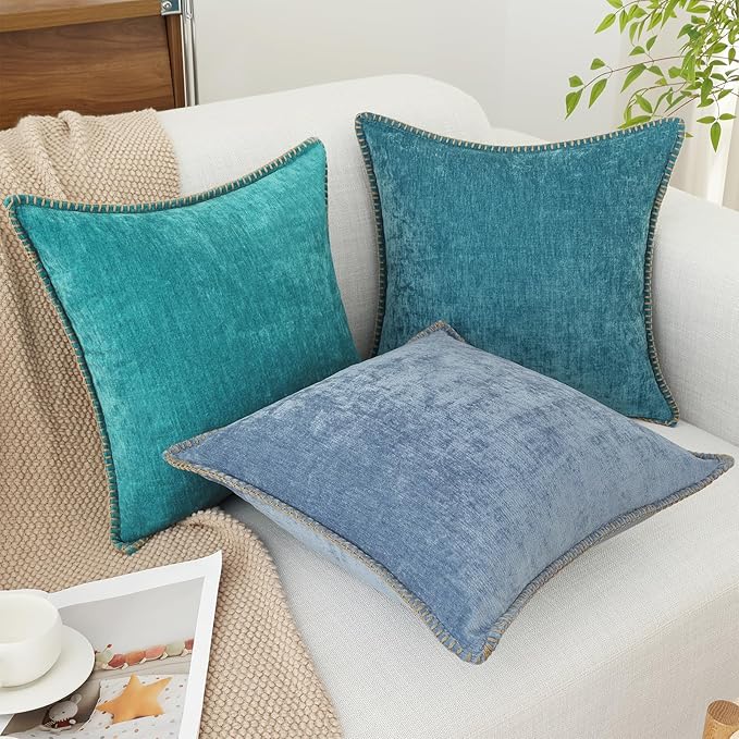 decorUhome Chenille Soft Throw Pillow Covers 16x16 Set of 2, Farmhouse Velvet Neutral Decorative Euro Pillow Covers with Stitched Edge for Couch Sofa Bed Home Decor, Blue