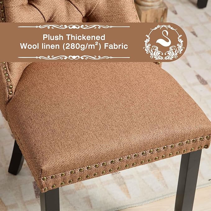Linen Upholstered Dining Chairs Set of 2, Modern Style Kitchen Side Chairs with Nailhead Trim and Wood Leg, Metal Pulling Ring for Dining Room Living Room(Coffee,Set of 2)