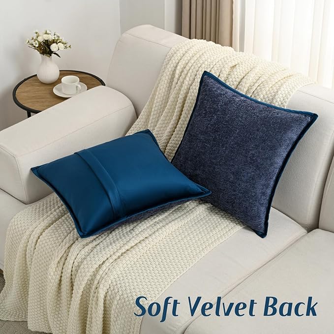 FUTEI Navy Blue Chenille Throw Pillow Covers 16x16 Inch Set of 2,Soft Cozy Bound Edge Design Cushion Case,Home Decor for Couch Bed Living Room