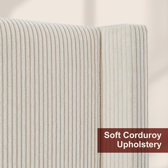 HOWE Queen Size 61" Corduroy Upholstered Bed Frame, Platform Bed with Vertical Stripe Wingback Headboard, No Box Spring Needed/Noise Free/Solid Wood Slats & Legs/Cream