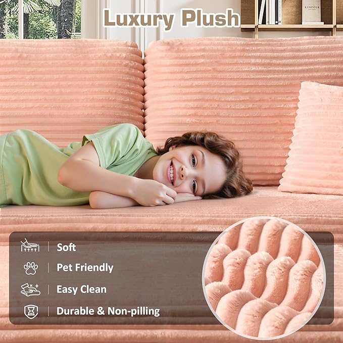 106" Cloud Sectional Couch with L-Shape Chaise & Ottoman, No Assembly Modular Sofa, Deep Seat Plush Corduroy Boneless Couched for Living Room (Pink Plush Corduroy, Left Facing Chaise with Ottoman)