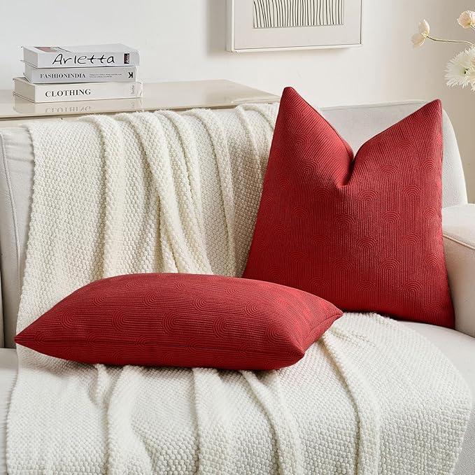 FUTEI Christmas Red Chenille Decorative Throw Pillow Covers 22x22 Inch Set of 2,Soft Cozy Striped Geometric Patterns Cushion Cases,Modern Home Decor for Couch Bed Living Room