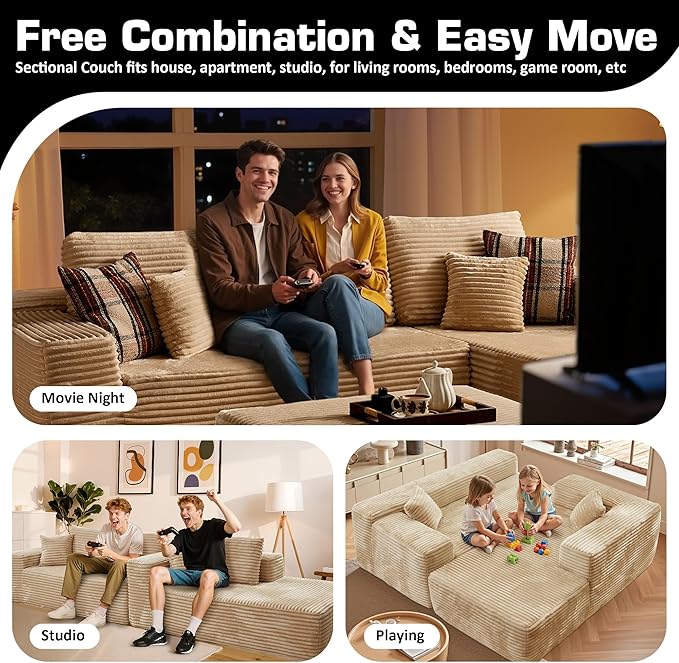 106" Cloud Sectional Couch with L-Shape Chaise & Ottoman, No Assembly Modular Sofa, Deep Seat Plush Corduroy Boneless Couched for Living Room (Beige Plush Corduroy, Right Facing Chaise with Ottoman)