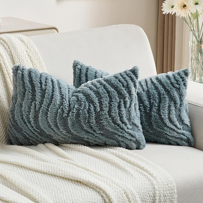 FUTEI Blue Decorative Throw Pillow Covers 12x20 Inch Set of 2,Soft Faux Fur Geometric Shapes Texture Pillowcase,Boho Home Decor for Couch Bed Living Room