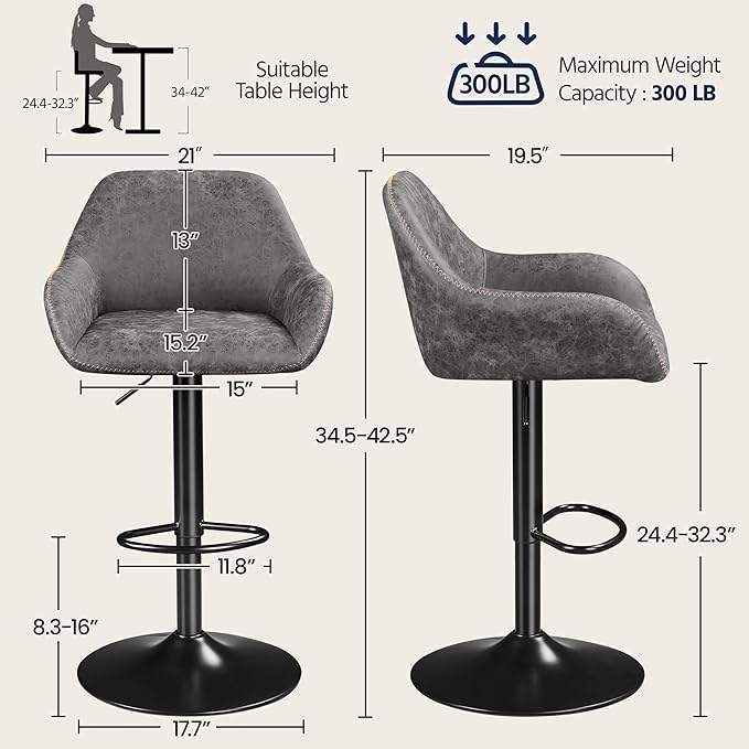 Yaheetech Bar Stools Set of 4, PU Leather Swivel Counter Height Barstools, Adjustable Bar Chairs with Backrest and Footrest, Kitchen Island Stool for Home Kitchen, Grey