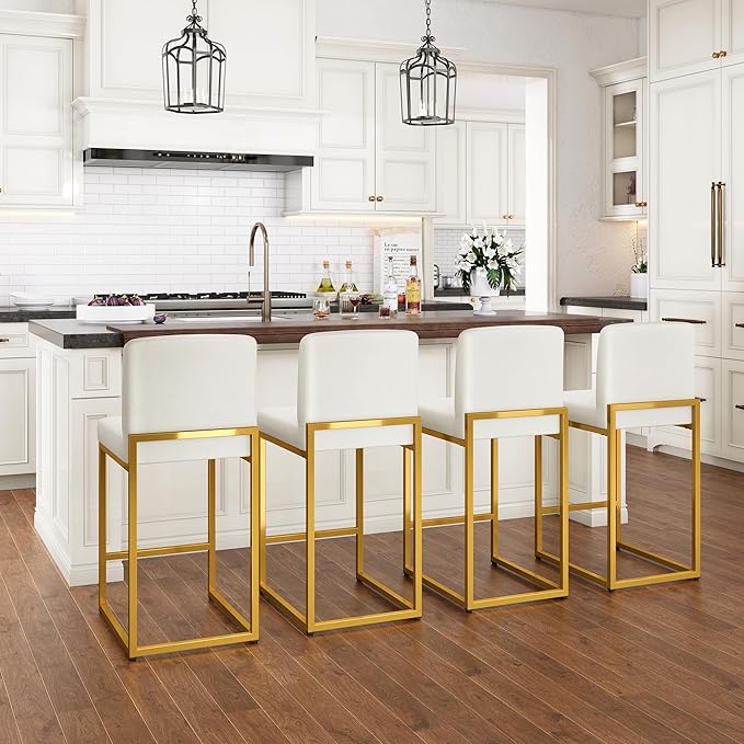 PHI VILLA Bar Stools Set of 2 - Bar Stools with Back Leather Stools for Kitchen Counter, White and Gold Counter Height Bar Stool