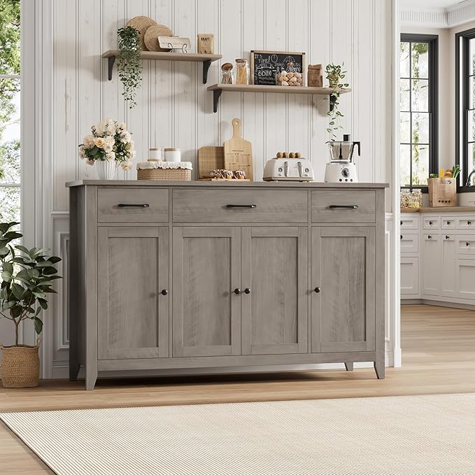 HORSTORS 55" Buffet Cabinet, Modern Farmhouse Sideboard Buffet with Drawers, Large Kitchen Storage Cabinet with Adjustable Shelves, Wood Coffee Bar for Kitchen, Dining Room, Living Room, Grey