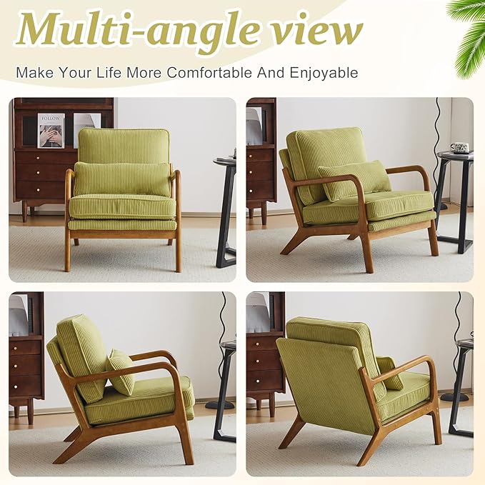 VINGLI Upgraded Premium Corduroy Accent Chairs Set of 2,Upholstered Arm Chair,Solid Wood Comfy Reading Chair with Pillow, Mid Century Modern Chairs for Living Room,Bedroom,Green