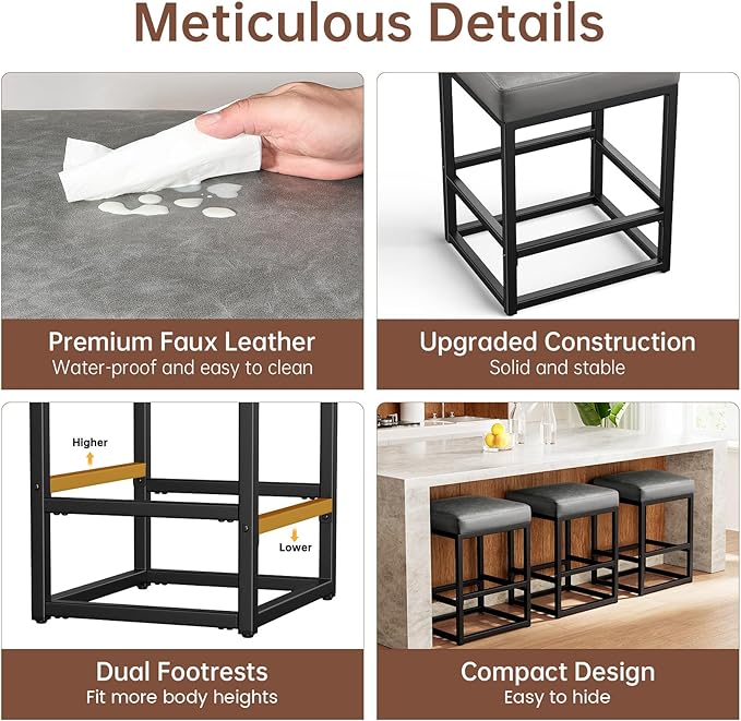 Counter Height Bar Stools Set of 3, 24" Barstools for Kitchen Countertop, Faux Leather Counter Stools with Thick Square Seats & Sturdy Metal Base, Simple Assembly, Gray
