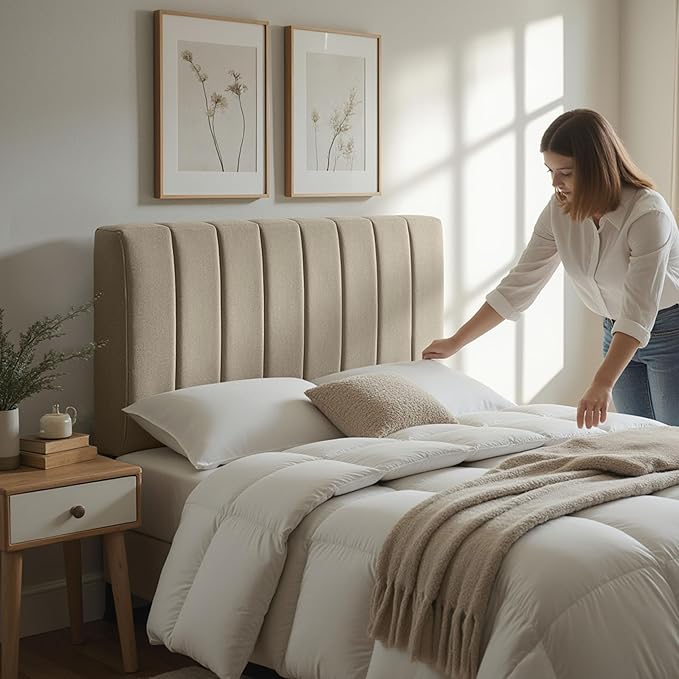 Upholstered King Headboard - Easy Assemble Channel Stitched Headboard King Size Bed - Wall Mounted Headboards with 3D Soundproof Wall Panels Peel & Stick Floating Headboards, Linen