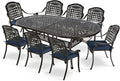 MEETWARM 9-Piece Outdoor Furniture Dining Set, All Weather Cast Aluminum Patio Garden Set with 8 Chairs, 8 Cushions, 1 Oval Table, 2" Umbrella Hole, Dark Bronze, Navy Blue