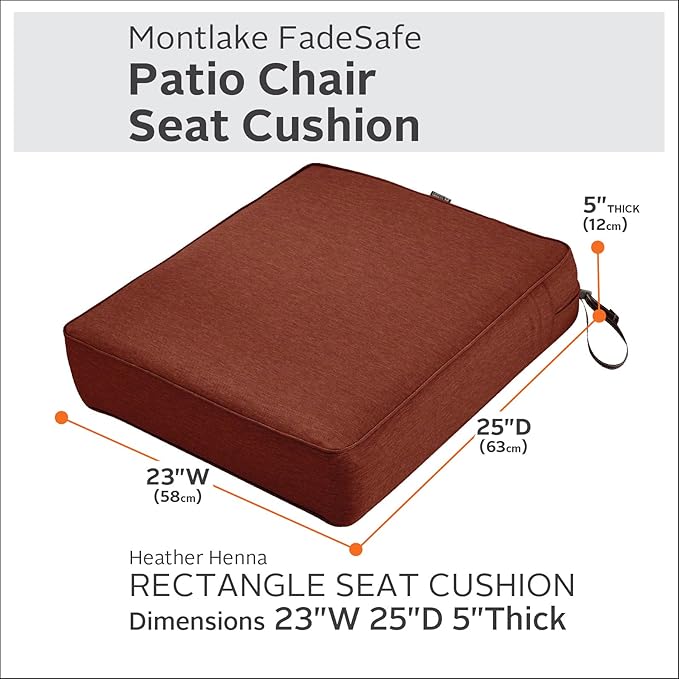 Classic Accessories Montlake Water-Resistant 23 x 25 x 5 Inch Rectangle Outdoor Seat Cushion, Patio Furniture Chair Cushion, Heather Henna Red, Patio Furniture Cushion Covers