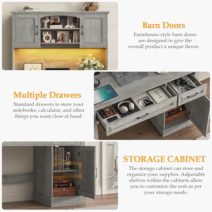 Farmhouse 47" Executive Desk with Hutch, 2 Drawers and LED Light, Computer Desk with Storage Cabinet and Charging Station,Workstation for Home Office and Study.Grey
