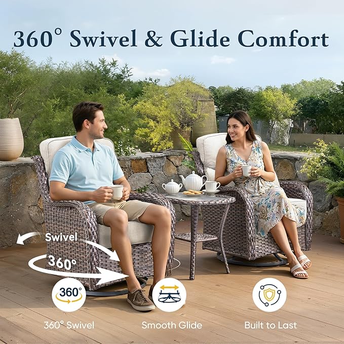 Belord Luxury 6" Thick Cushioned 7 Pieces Patio Furniture Set with Outdoor Couch, Wicker Outdoor Conversation Set with High Back Swivel Rocker Chairs for Deck Porch Yard and Poolside - Brown+Beige