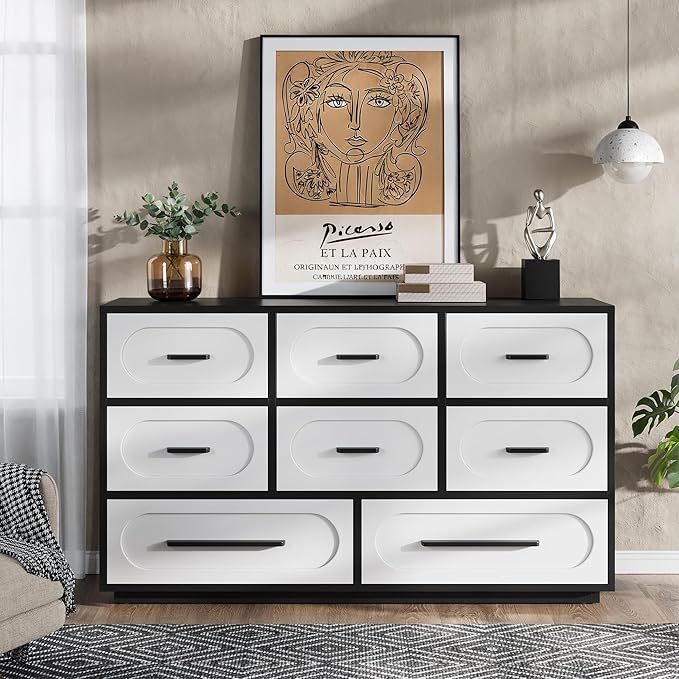 Modern 8 Drawer Dresser for Bedroom, 54" Wide Dressers & Chest of Drawers w/Solid Wood Handle, Wood Mid Century Closet Organizers and Storage Cabinet for Bedroom, Living Room, Hallway