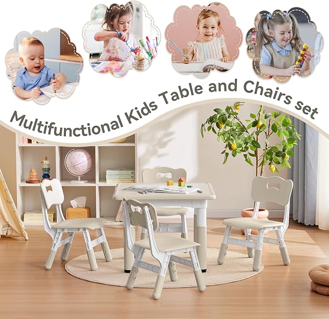 Kids Study Table and Chairs Set, Height Adjustable Toddler Table and Chair Set for Kids Ages 3-8, 23.6" L x 23.6" W Graffiti Desktop Plastic Children Art Table with 4 Seats, Burlywood