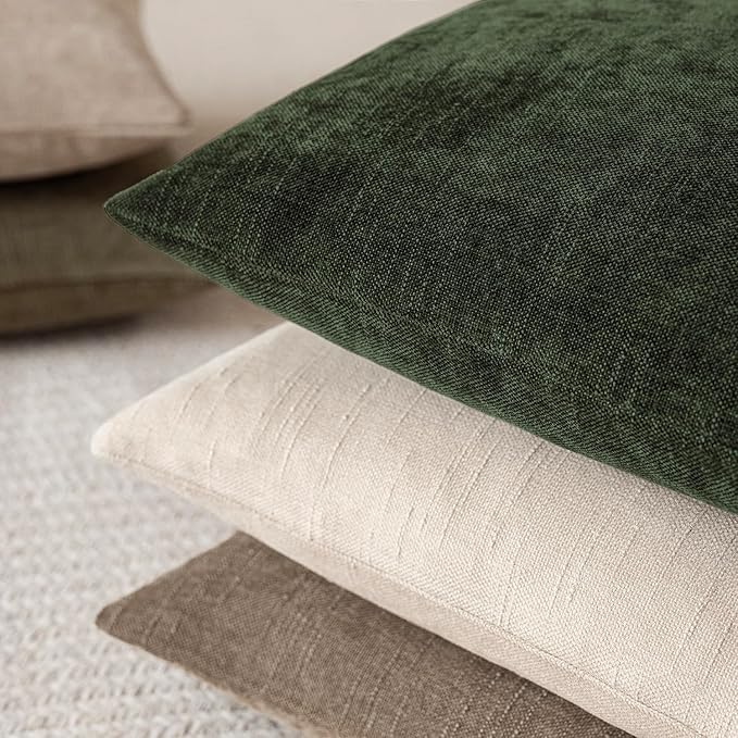 Foindtower Pack of 2 Soft Textured Chenille Throw Decorative Pillow Covers Square Accent Solid Cushion Cover Neutral Farmhouse Pillow Case for Couch Sofa Bedroom Living Room 18x18 Inch,Dark Green