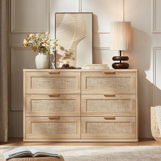 LEYAOYAO Rattan 6 Drawer Dresser for Bedroom, Boho 48" Wide Natural Wood Dresser Chest of Drawers, Dressers TV Stand with Metal Handle, Storage Dressers Closet Organizer for Living Room, Hallway