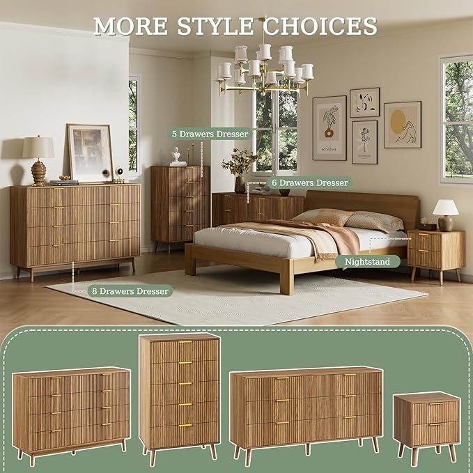 LYNSOM Fluted 8 Drawer Dresser for Bedroom, 55" Wide Modern Chest of Drawers with Curved Profile Design and Metal Handles, Wood Dresser TV Stand & Storage Organizer for Bedroom, Hallway, Walnut