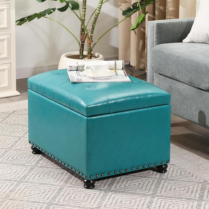 Leather Storage Ottoman Bench with Nailhead Trim Chests, Rectangle 24 Inch Foot Rest Ottomans Stool for Living Room Bedroom (Teal Blue)