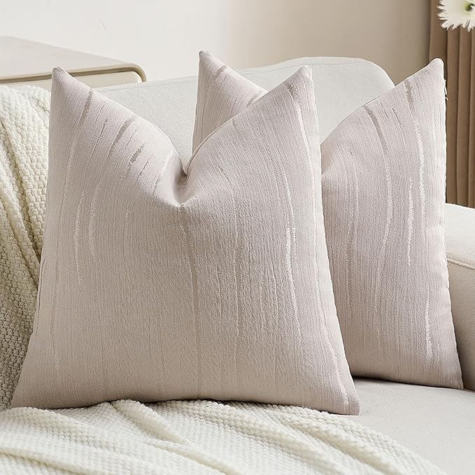 FUTEI Beige Chenille Decorative Throw Pillow Covers 16x16 Inch Set of 2,Soft Embossed Striped Textured Cushion Case,Modern Home Decor for Couch Bed Living Room