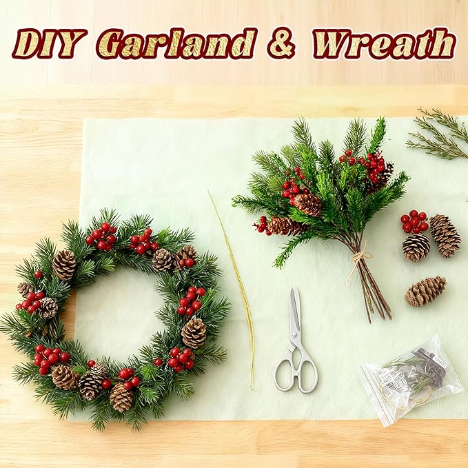 8PCS Artificial Pine Branches with Red Berry Pine Cones Artificial Needles Branches Greenery Stems Fake Greenery Floral Arrangements