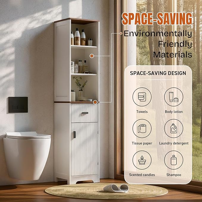 Tall Modern Bathroom Cabinet, 68.5" H Storage Cabinet with Fluted Wave Door, Drawer, Adjustable Shelves, Narrow Cabinet for Kitchen, Living Room, Entryway, White