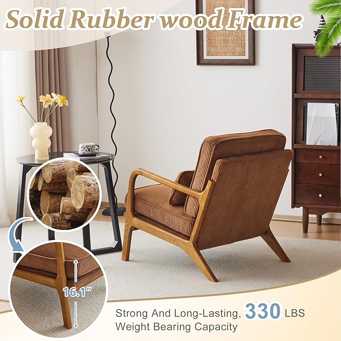 VINGLI Upgraded Premium Corduroy Accent Chair,Upholstered Arm Chair,Solid Wood Comfy Reading Chair with Pillow, Mid Century Modern Chairs for Living Room,Bedroom,Brown