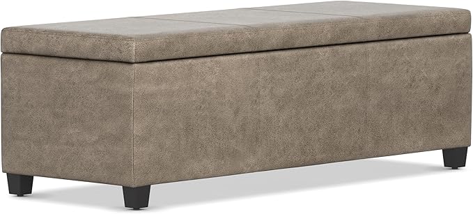 SIMPLIHOME Avalon Storage Ottoman Bench - 48 inch Wide Upholstered Vegan Leather Rectangular Lift-Top Ottoman in Distressed Smoky Grey Brown, Transitional Bench for Living Room with High-Density Foam