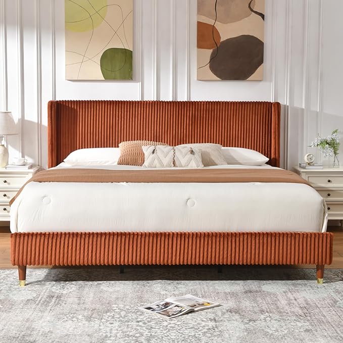 PINJU King Size Bed Frame, Upholstered Platform Bed with Modern Vertical Striped Wingback Headboard with Wooden Slats, Easy to Assemble No Noise Free (OCHER, King (U.S. Standard))