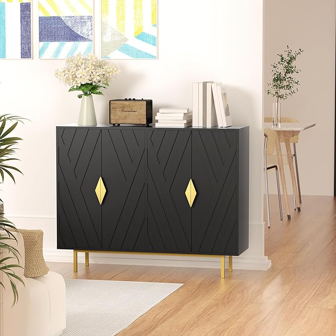 Sideboard Buffet Cabinets with Storage, 47.2" Mid-Century Modern Storage Cabinets with Adjustable Shelves, Relief 4 Doors Accent Cabinets, Wood Console Cabinet for Dining Living Room, Entryway, Black