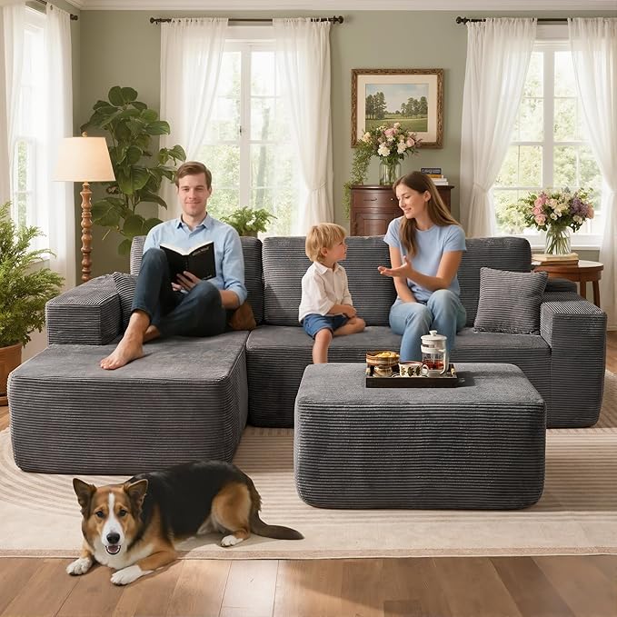106" Cloud Sectional Couch with L-Shape Chaise & Ottoman, No Assembly Modular Sofa, Deep Seat Corduroy Boneless Couched for Living Room (Gray Stripe Corduroy, Left Facing Chaise with Ottoman)