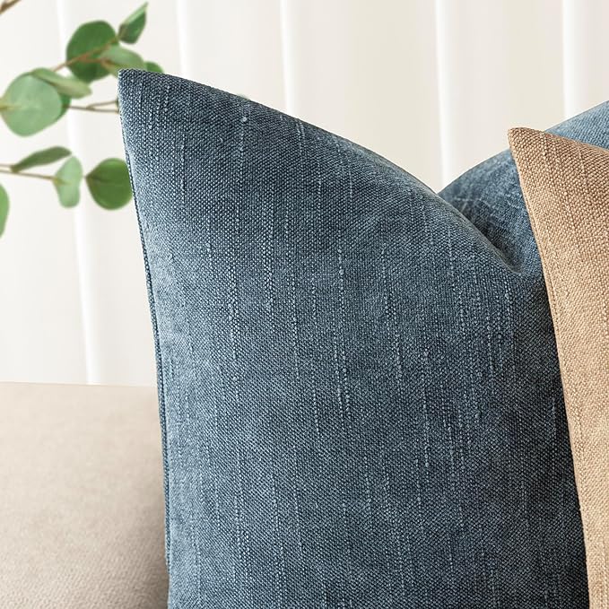 Foindtower Pack of 2 Textured Chenille Throw Decorative Pillow Covers Square Accent Solid Cushion Cover Neutral Farmhouse Lumbar Pillow Case for Couch Sofa Bedroom Living Room 12x20 Inch,Blue