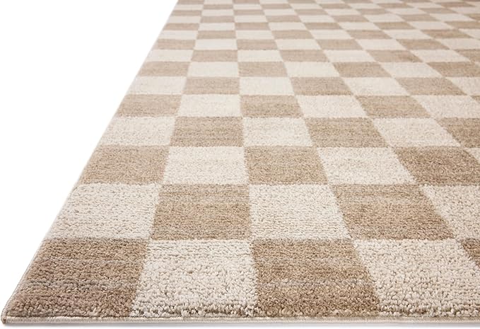 Loloi Chris Loves Julia Calvin Collection CLV-01 Pebble/Ivory 3'-6" x 5'-6" Accent Rug Checkered Neutral Soft Living Room Bedroom Carpet